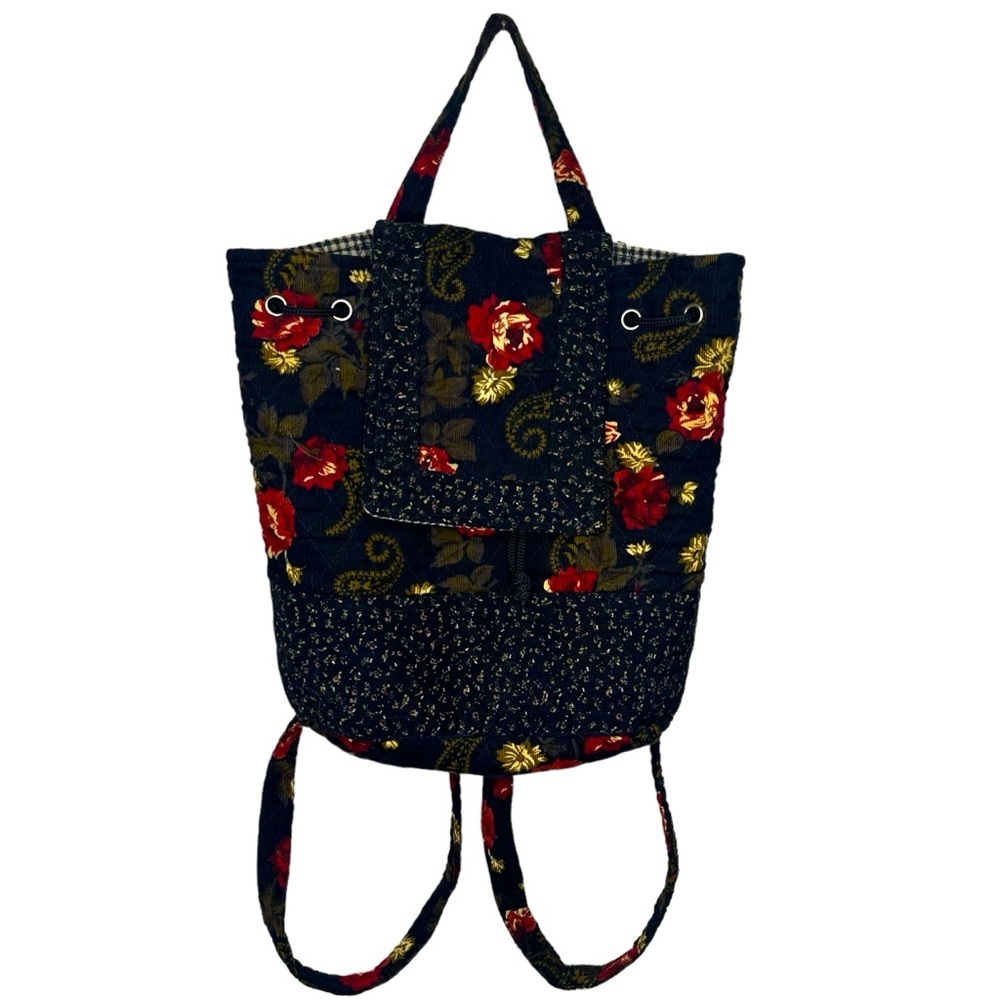 Vintage Scandia Floral Book Bag / Back Pack Black / Red / Yellow Plaid Interior
